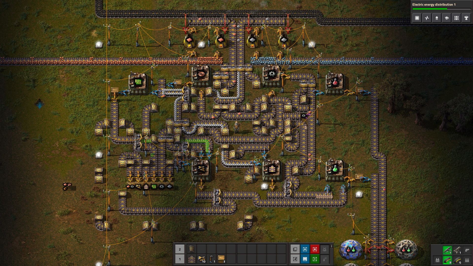 Factorio: фабрика с конвейерами, печами и сборочными автоматами, вид сверху