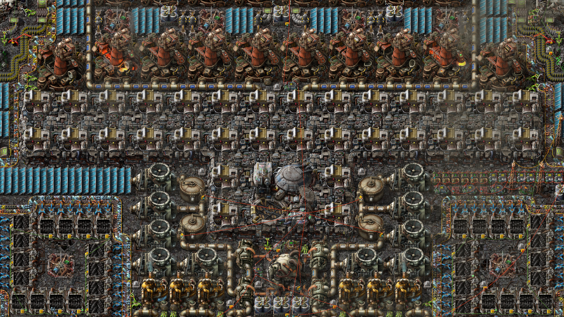 Factorio Space Age: ряды производственных машин, конвейеров и солнечных панелей