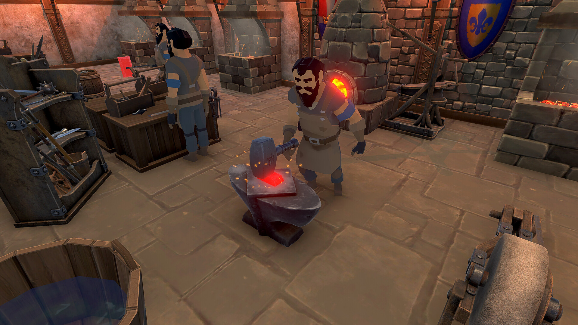 Кузнец бьёт молотом по раскалённой заготовке у наковальни в Blacksmith Master