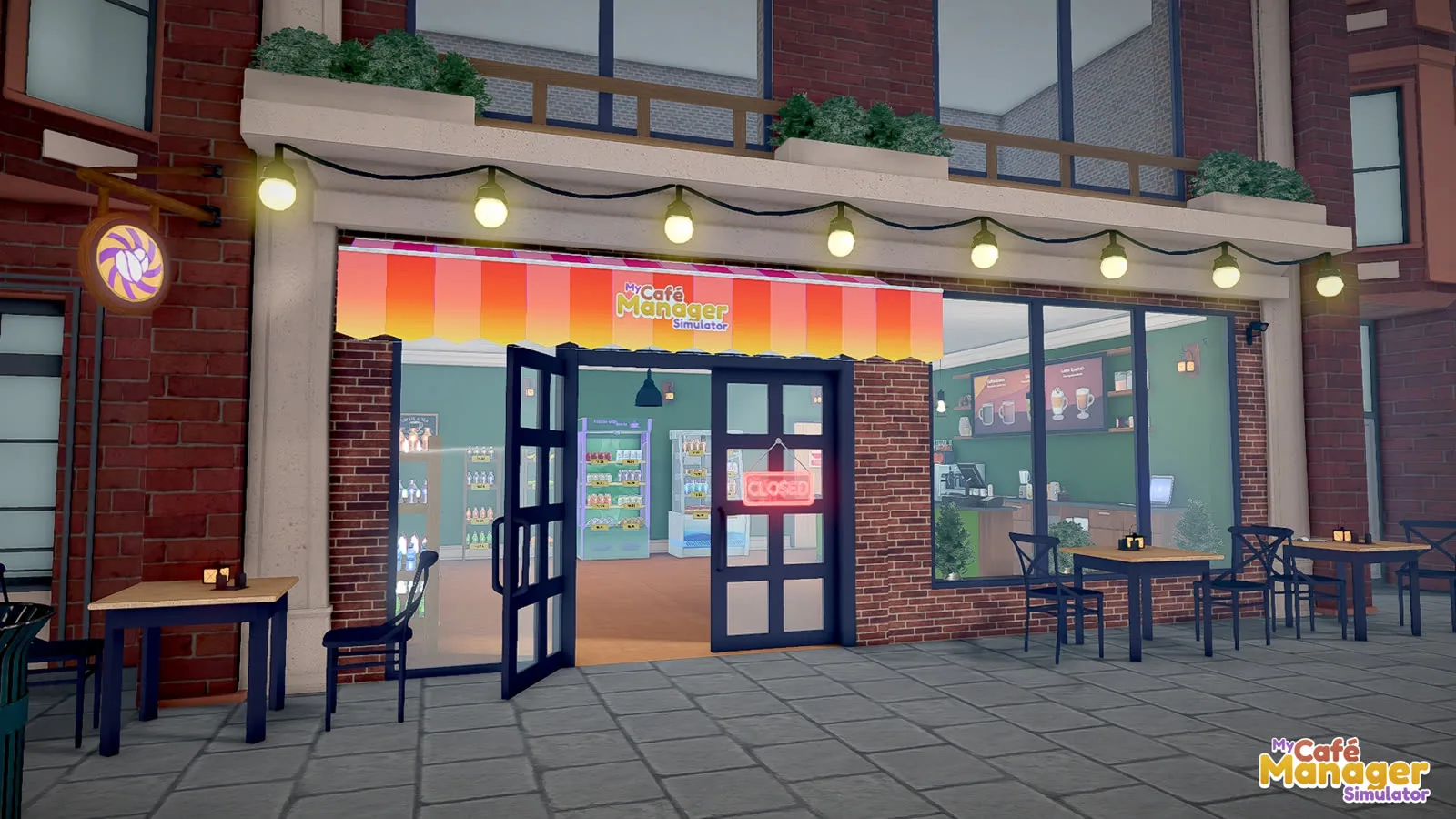 Вход и уличные столики кафе в My Café Manager Simulator